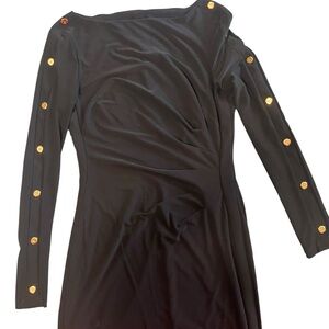 Lauren Ralph Lauren Slimming Blk Ruched Knee Lgth ButtonSleeve Detail Drees Sz 2